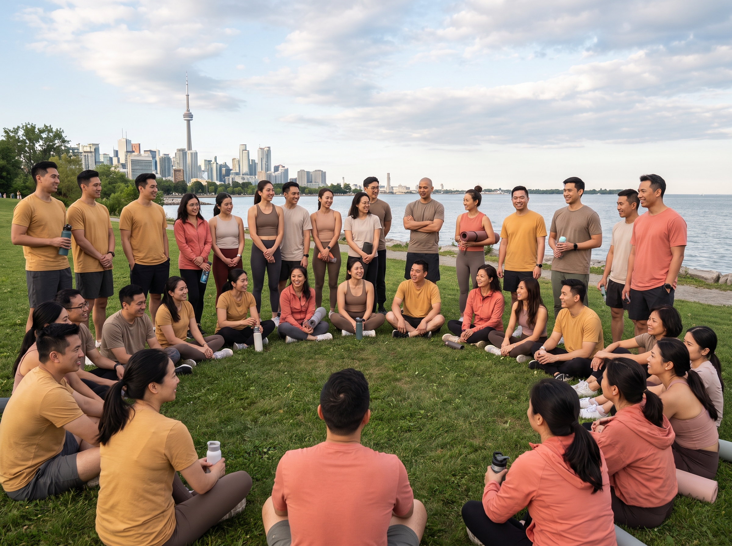 Large group stretching and connecting at a lakeshore park in Toronto