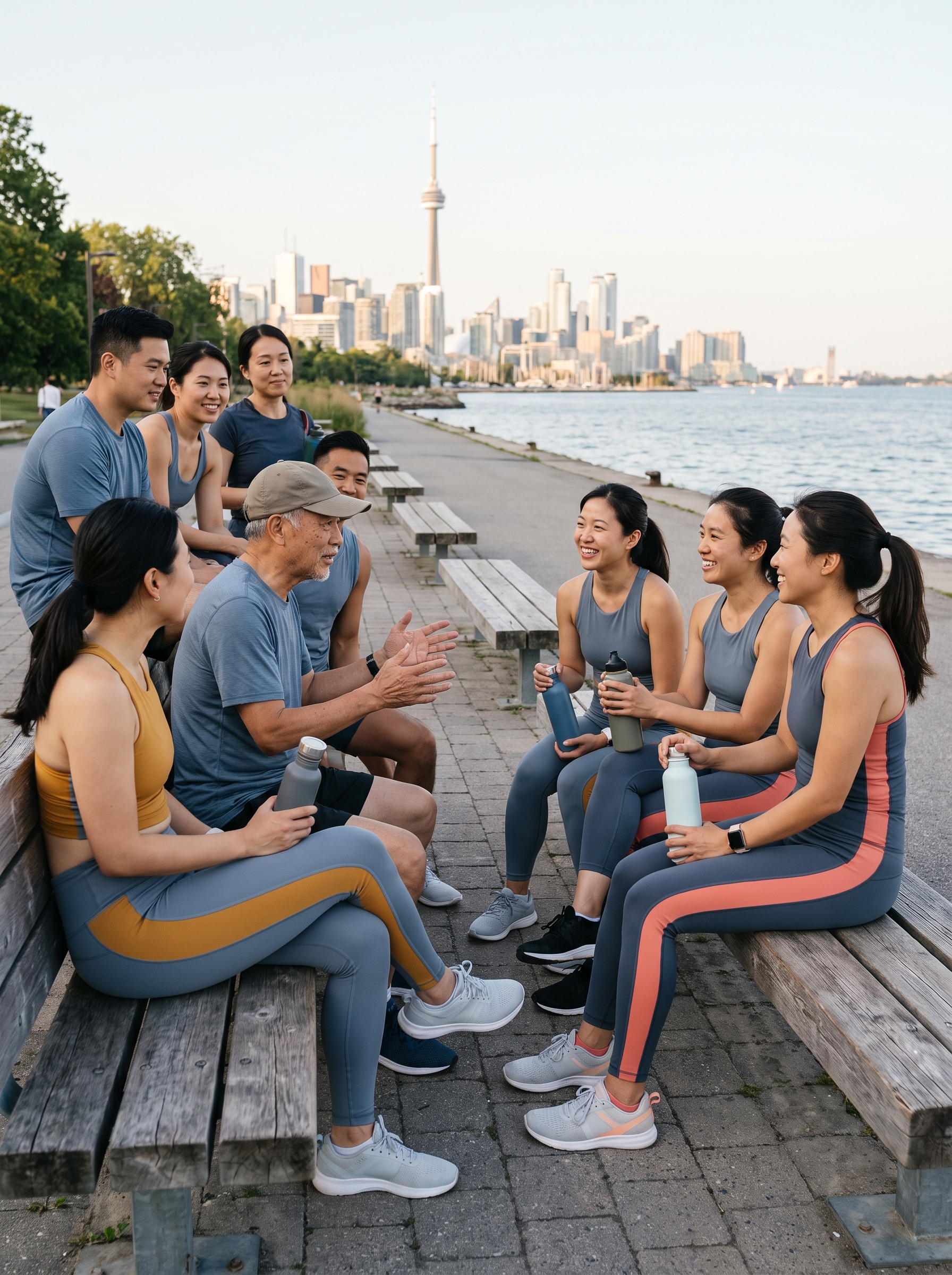 Runners chatting on park benches after a community fitness session
