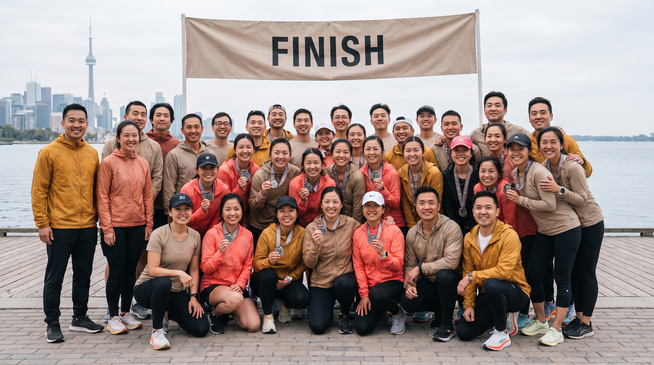 Community runners celebrating together at a Toronto waterfront finish line
