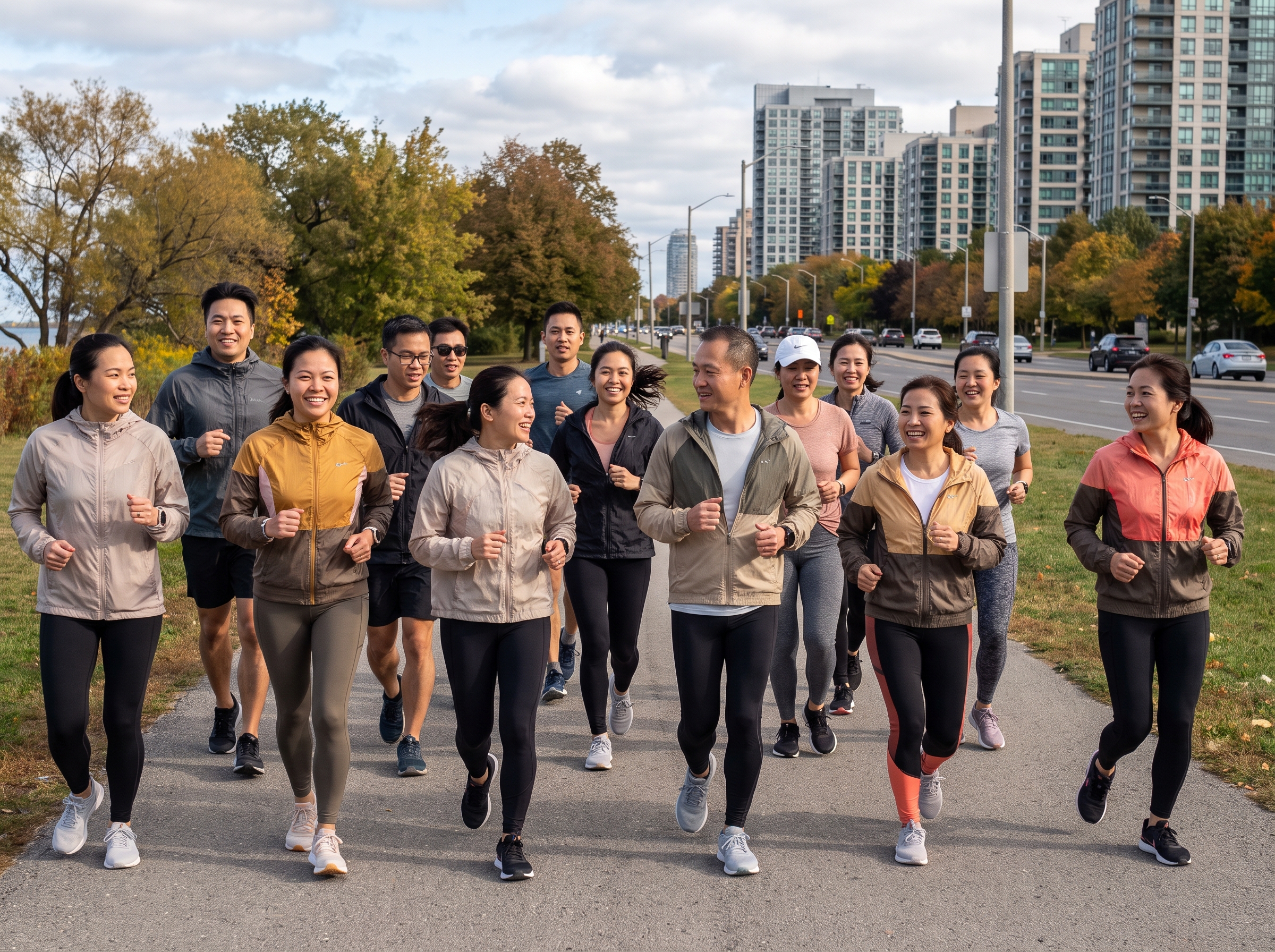 Weekly group run on a tree-lined path in Toronto